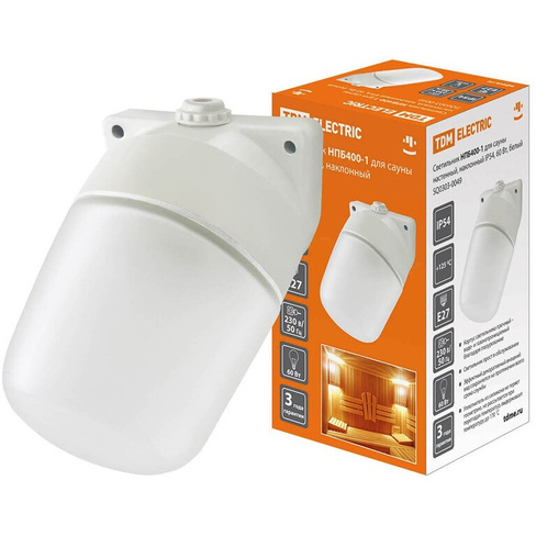 Светильник TDM Electric, НПБ400-1, 60 Вт, E27, на 1 лампочку, IP54, 11х11х15 см, для сауны, наклонный, белый, SQ0303-004
