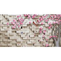 Моющиеся виниловые фотообои GrandPiK Стена из белого кирпича и сакура, 450х240 см GrandPik