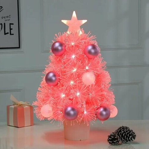 Новогодняя елка заснежанная 70 см с горшком: розовая/оптическое волокно с LED подсветкой/12 режимов свечения/понижающий