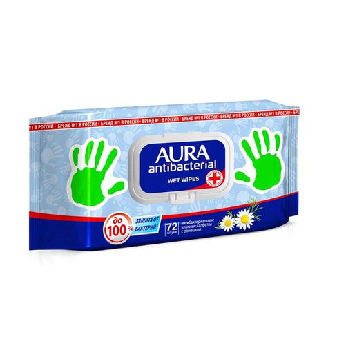 Ватная/бумажная продукция Aura Влажные салфетки антибактериальные 72 штуки в упаковке
