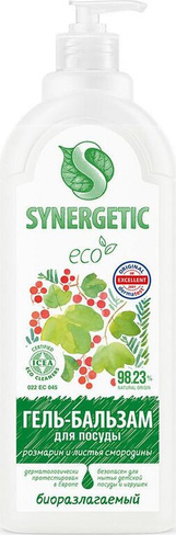 Бытовая химия Synergetic Гель-бальзам для мытья посуды и детских игрушек Розмарин и листья смородины 1л