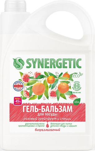 Бытовая химия Synergetic Гель-бальзам для мытья посуды и детских игрушек Розовый грейпфрут и специи 3.5л