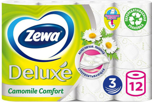 Туалетная бумага Zewa Туалетная бумага 3-х слойная ромашка Deluxe, 12 шт